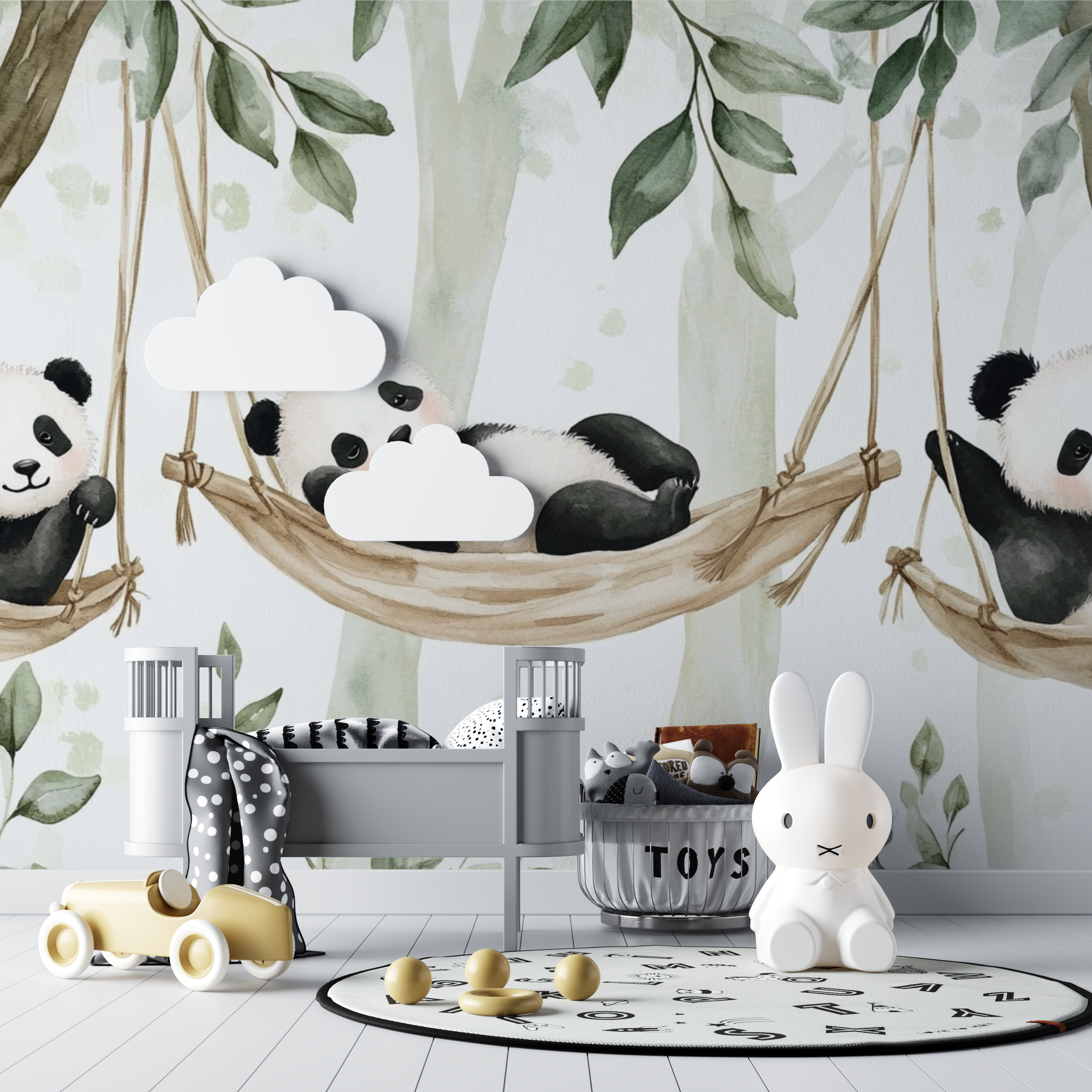 Papier peint bebe panda et hamac bebe tipi