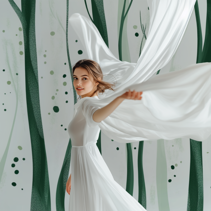 Papier peint arbre stylise vert et blanc modele