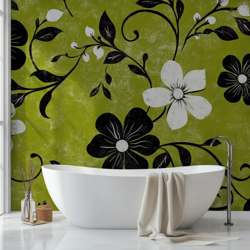 Papier peint vintage vert noir et blanc sdb