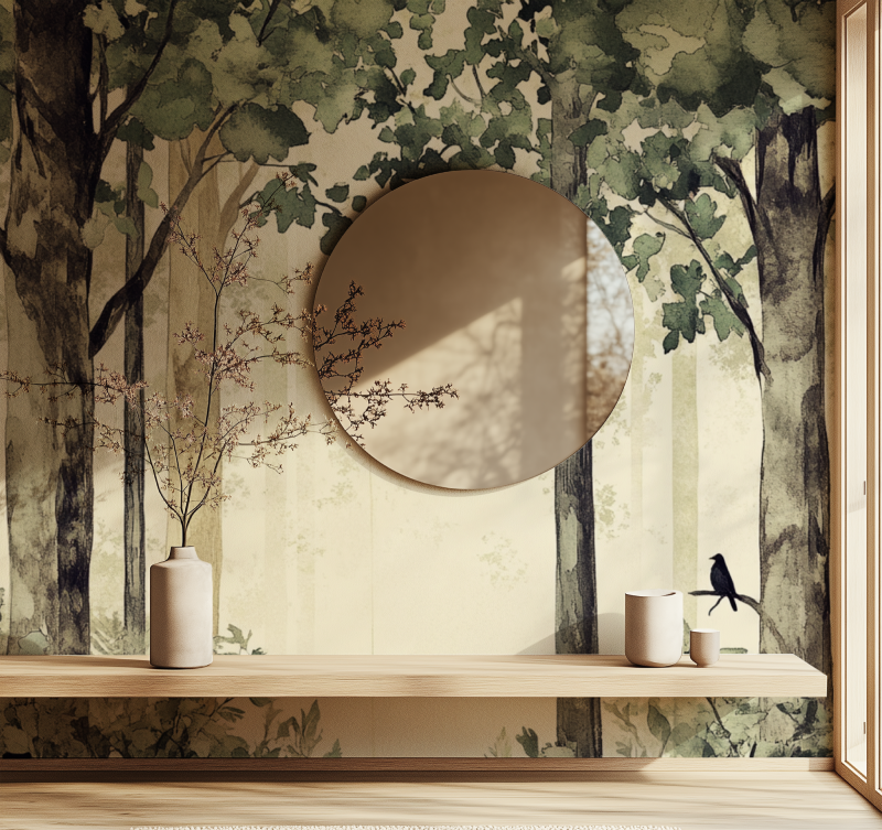 Papier peint arbre hibou miroir