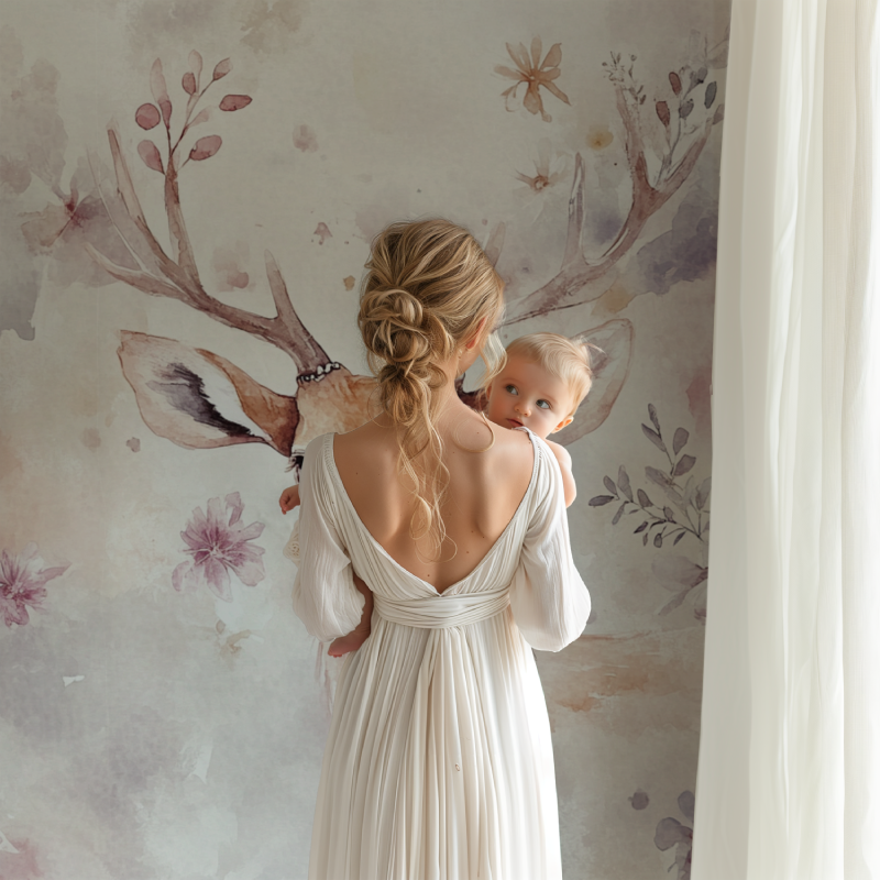 Papier peint animaux cerf couronne petites fleurs bb123