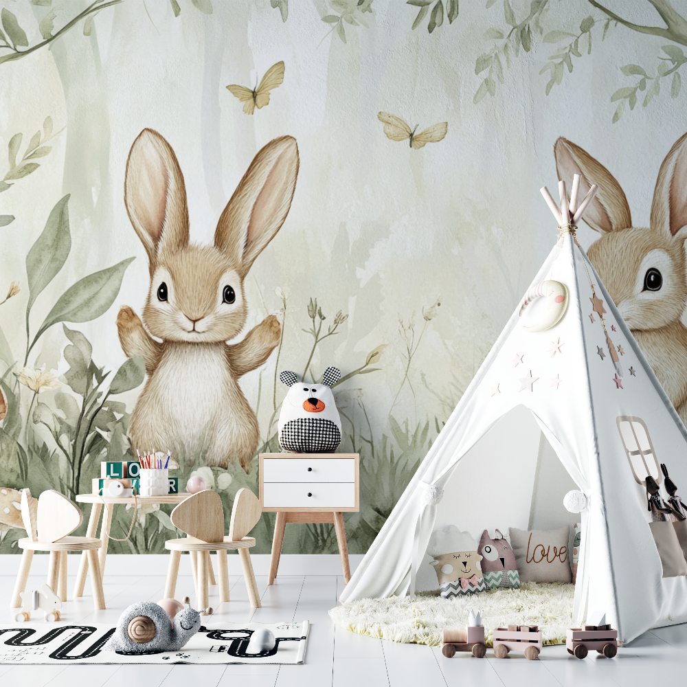 Papier peint lapin et foret enchantee chambre bebe