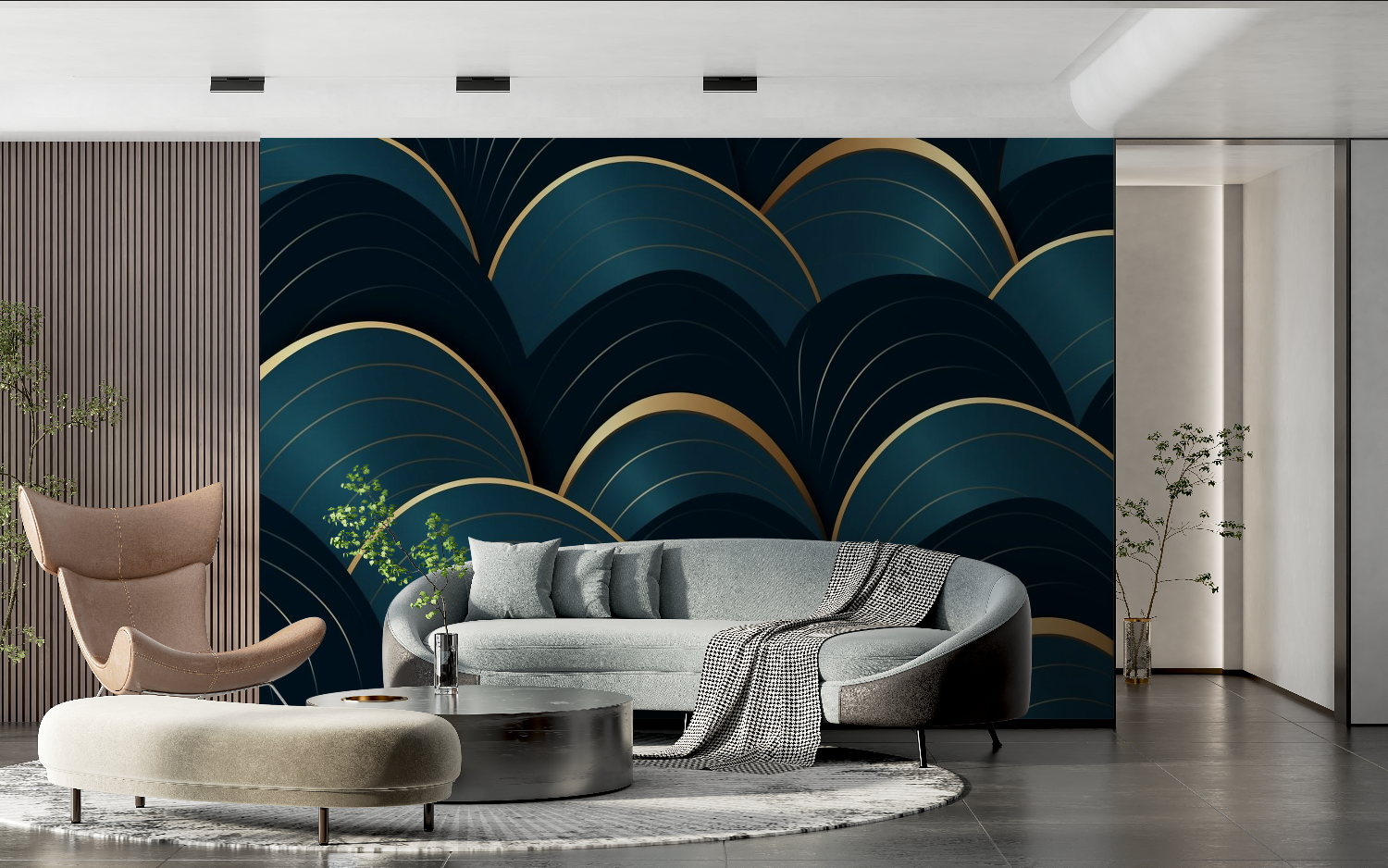 Papier Peint Bleu Pétrole et Doré - tete de lit