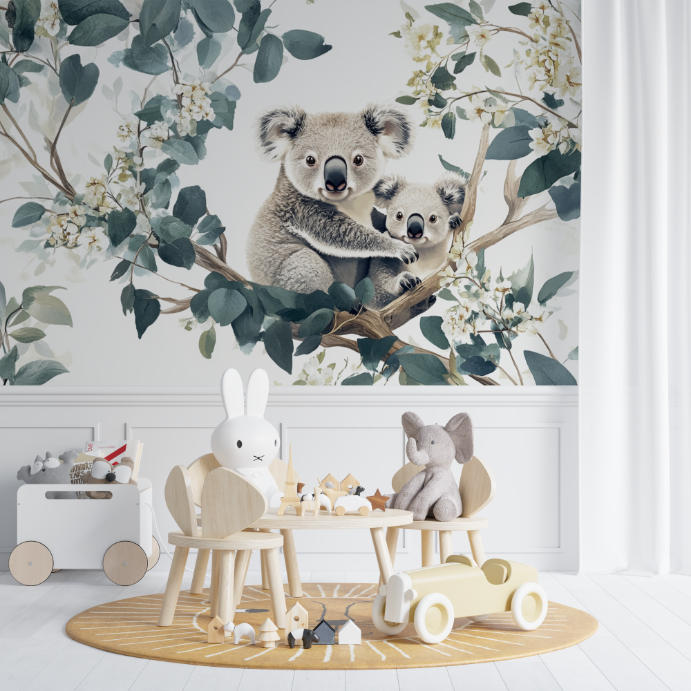 Papier peint koala dans une foret laiteuse chambre de bebe