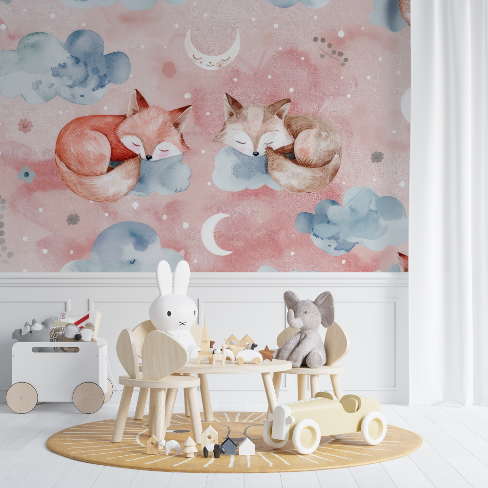 Papier peint renard ballon rose chambre de bebe