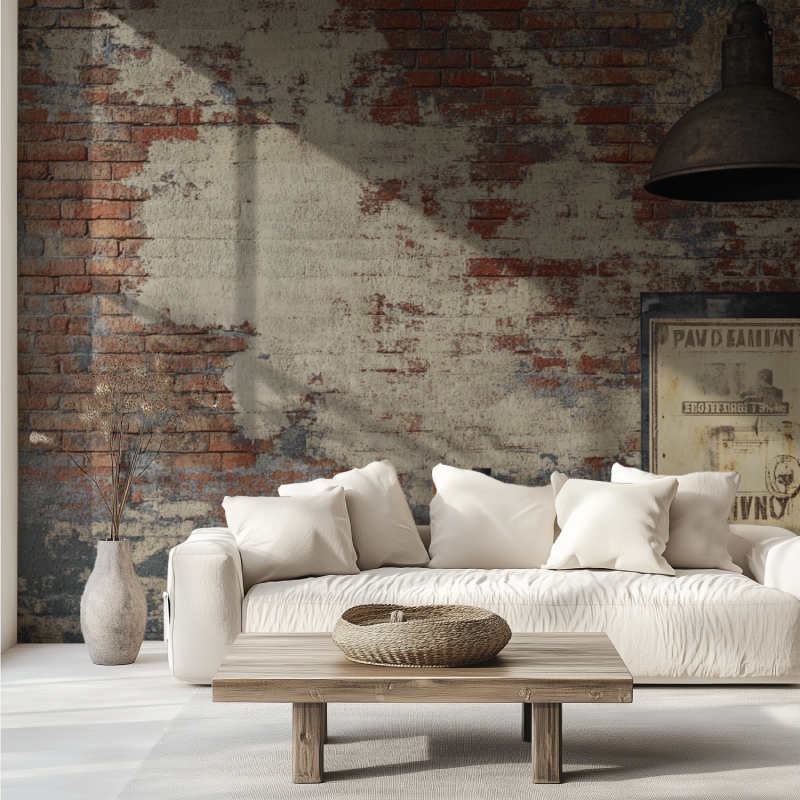 Papier peint trompe loeil style industriel canape tendance