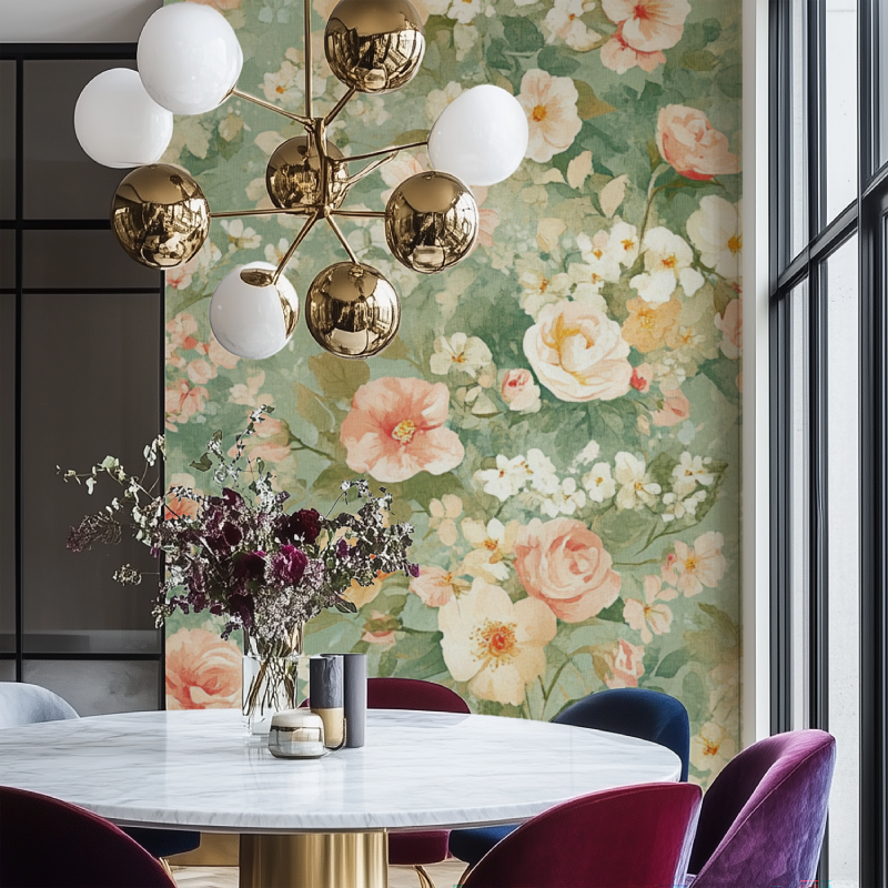 Papier peint vintage enfants fleuris salon chaise