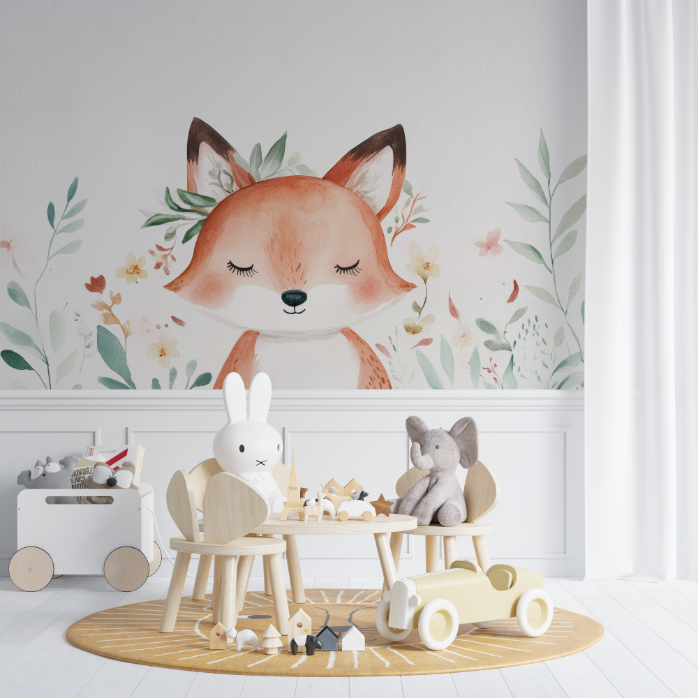 Papier peint renard boheme fond blanc chambre de bebe