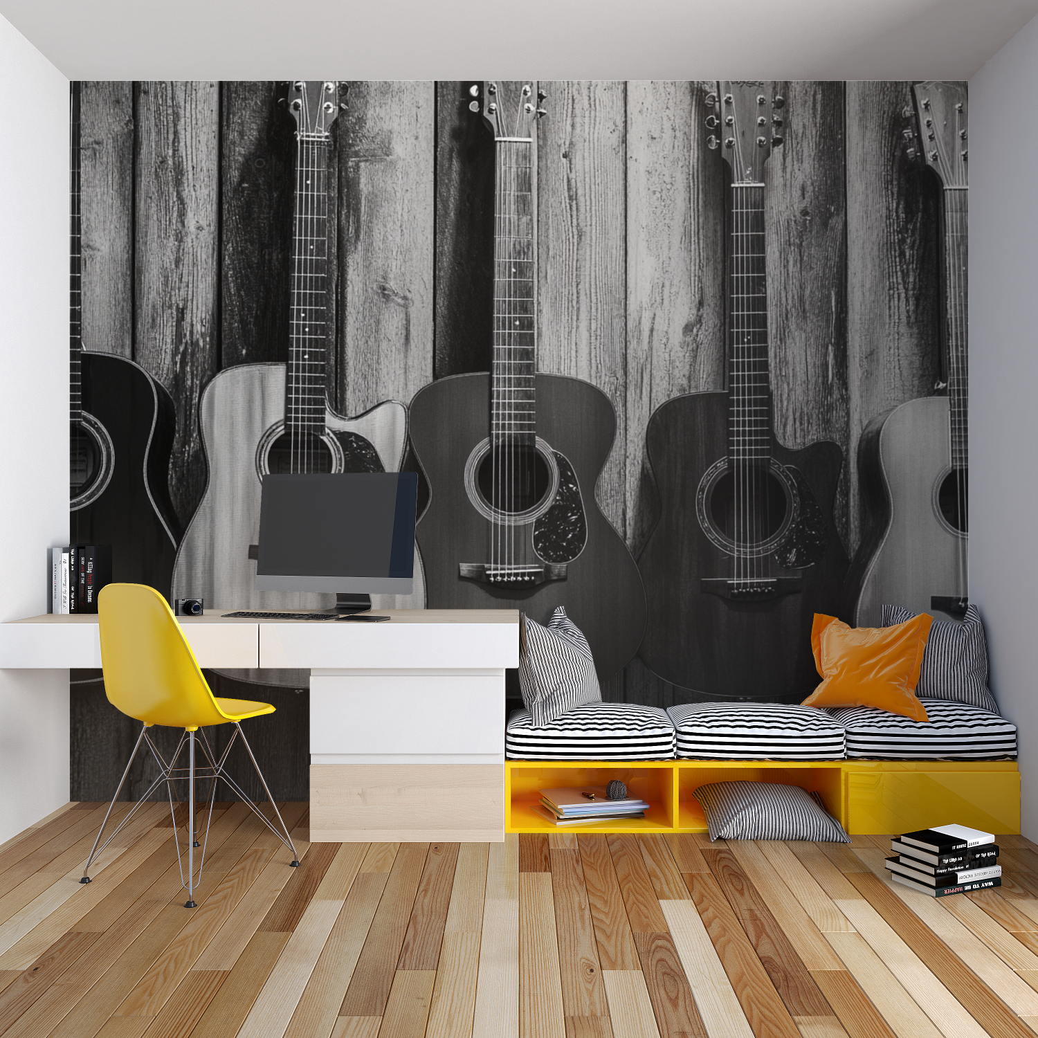 Papier peint guitare noir et blanc chambre garcon lit
