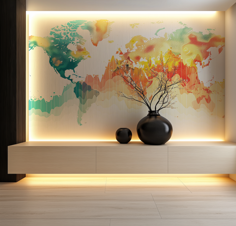 Papier peint carte du monde design aquarelle salon neon