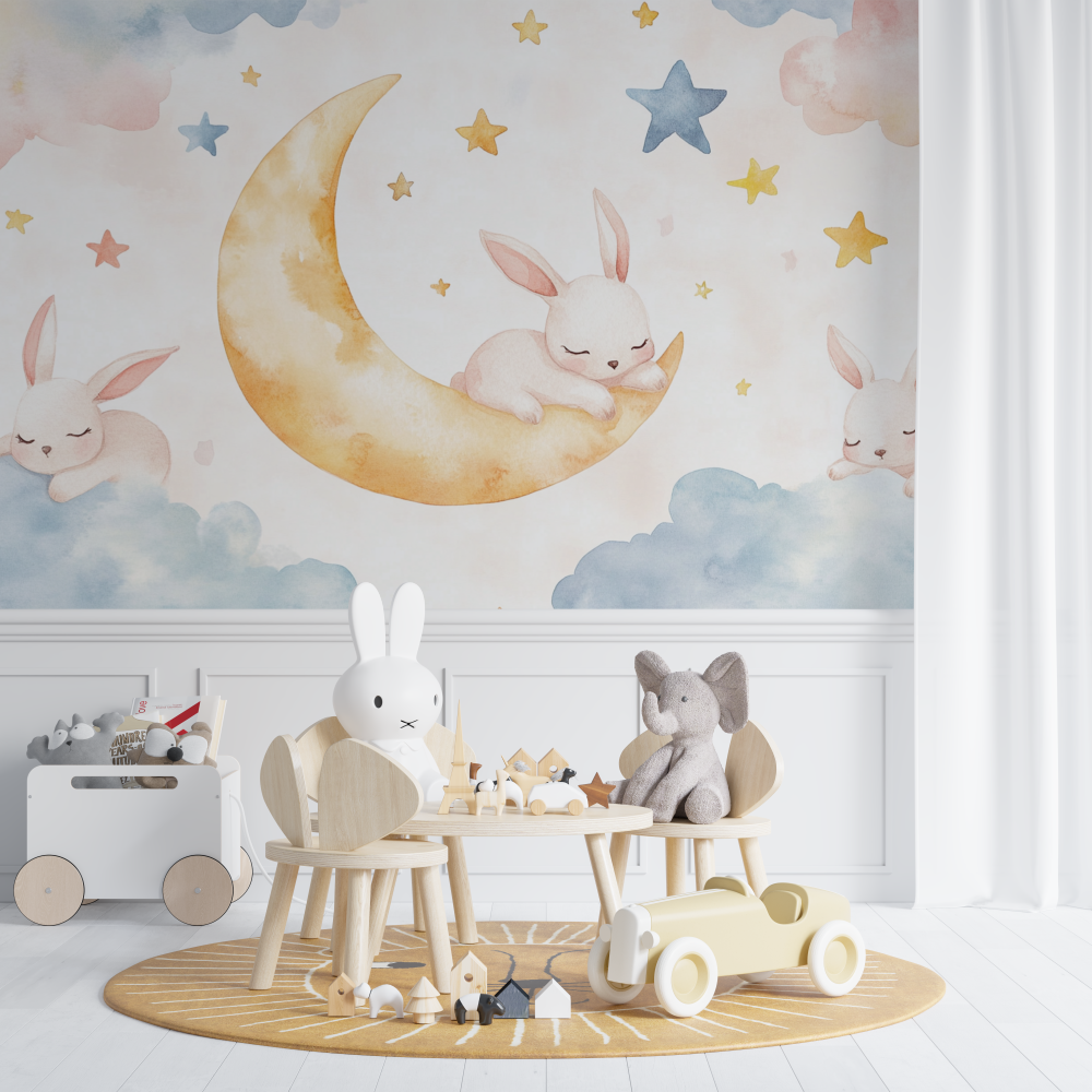 Papier peint animaux lapin et lune endormie chambre de bebe