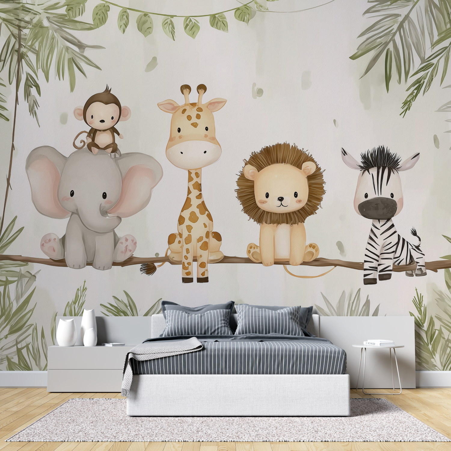 Kid animials safari mural wallpaper tete de lit