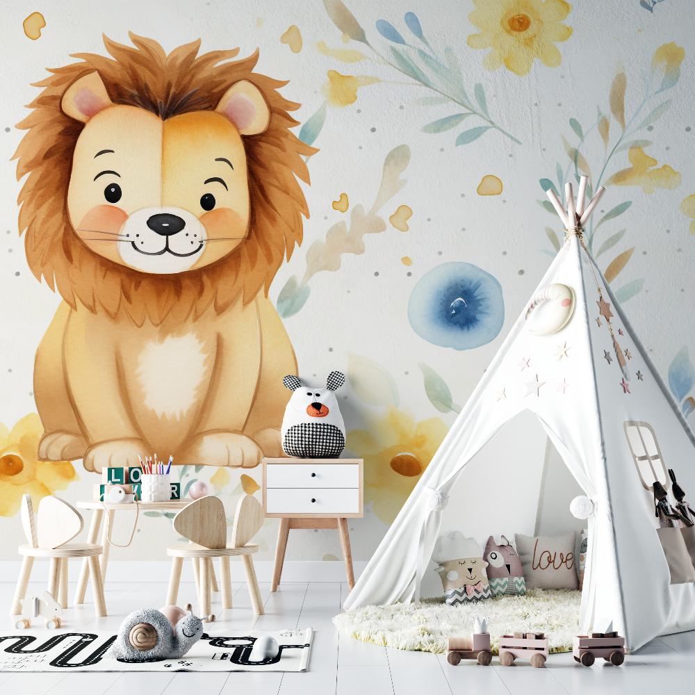 Papier peint lion et motifs minimalistes chambre bebe