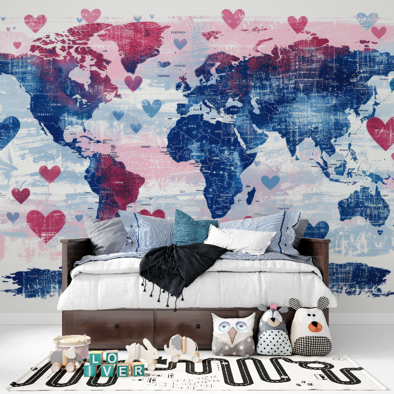 Papier peint carte du monde coeurs tapisserie pour ado