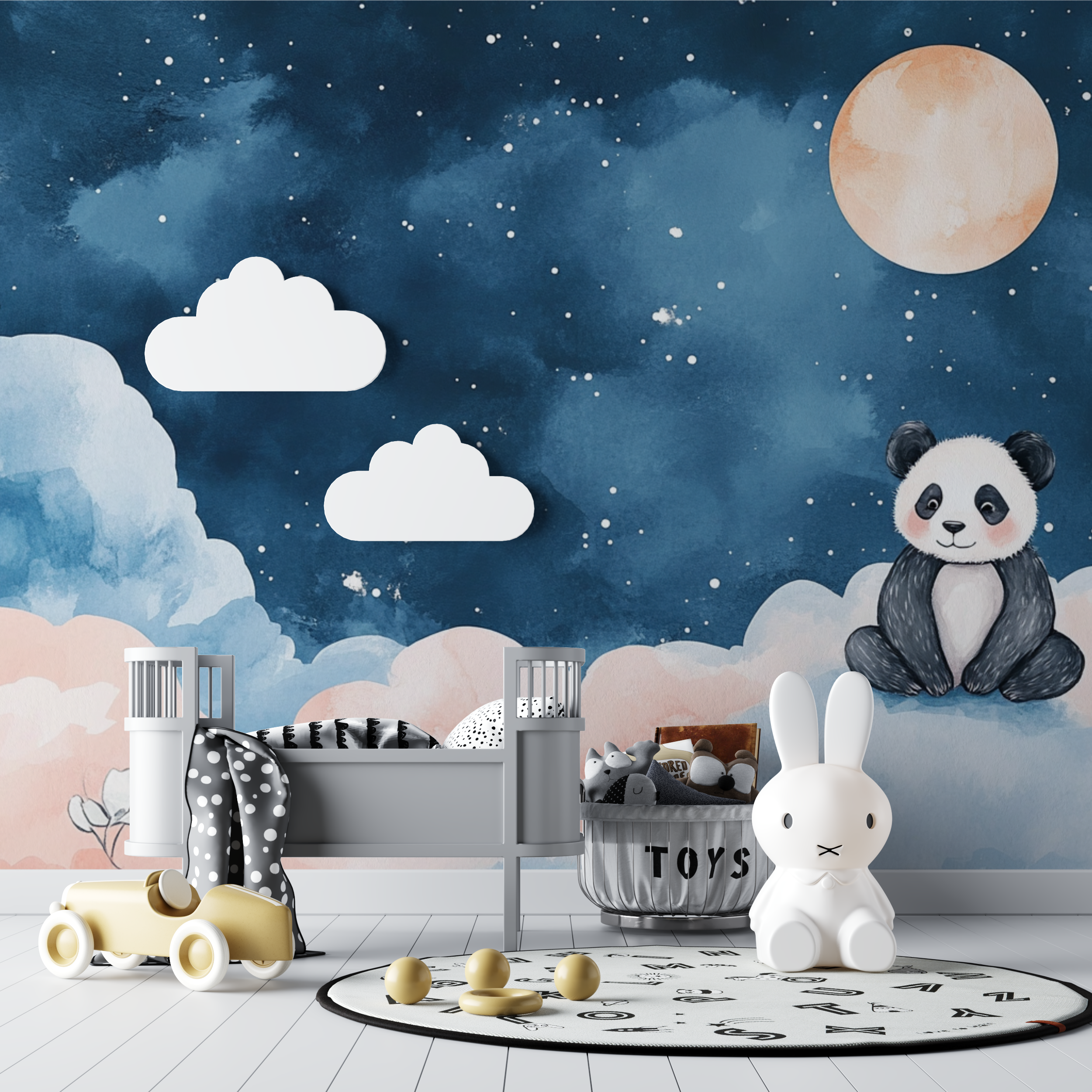 Papier peint panda et lune bebe tipi