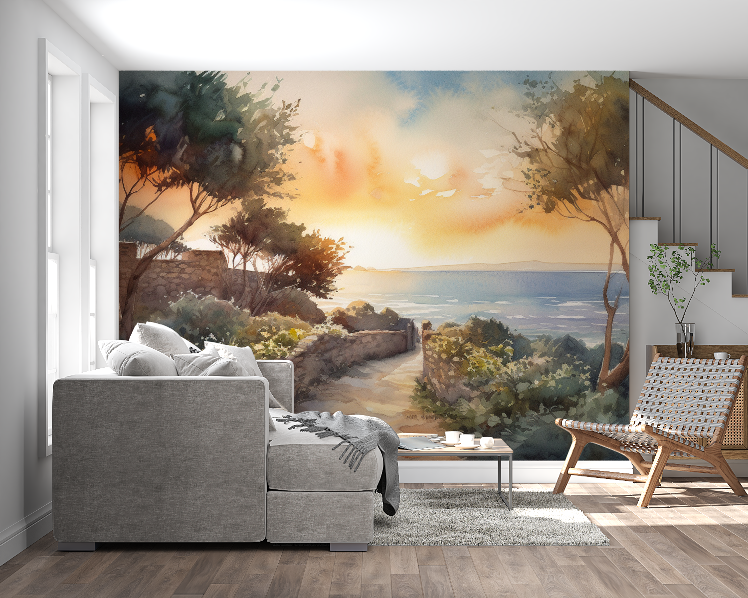 Papier peint aquarelle paysage ...e soleil panoramique mural