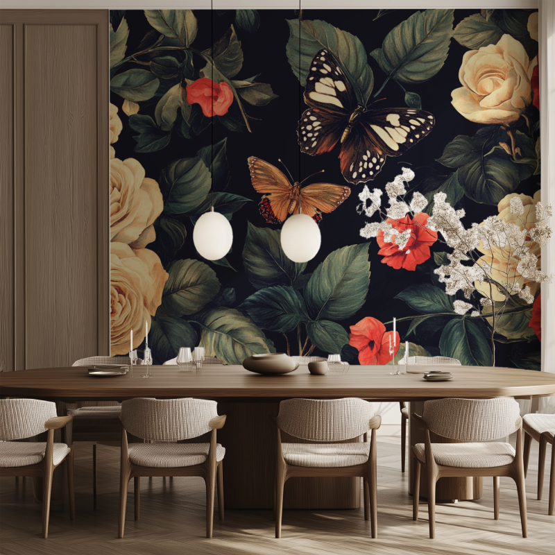 Papier peint fleur animaux salle manger tendance