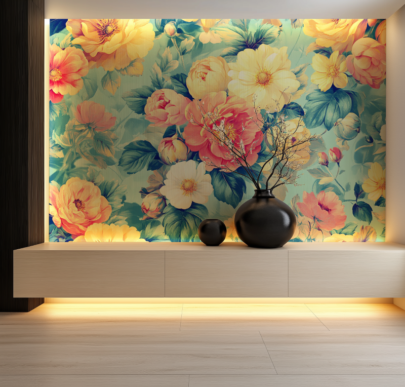 Papier peint fleur kitch salon neon