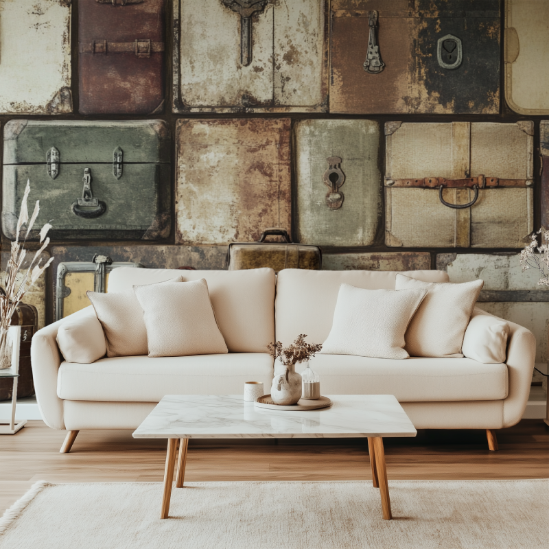 Papier peint vintage vieilles malles canape simple