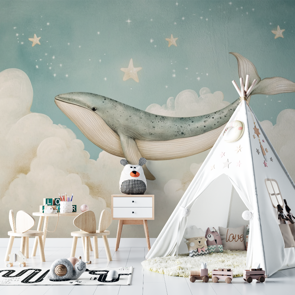 Papier peint baleine et nuages chambre bebe
