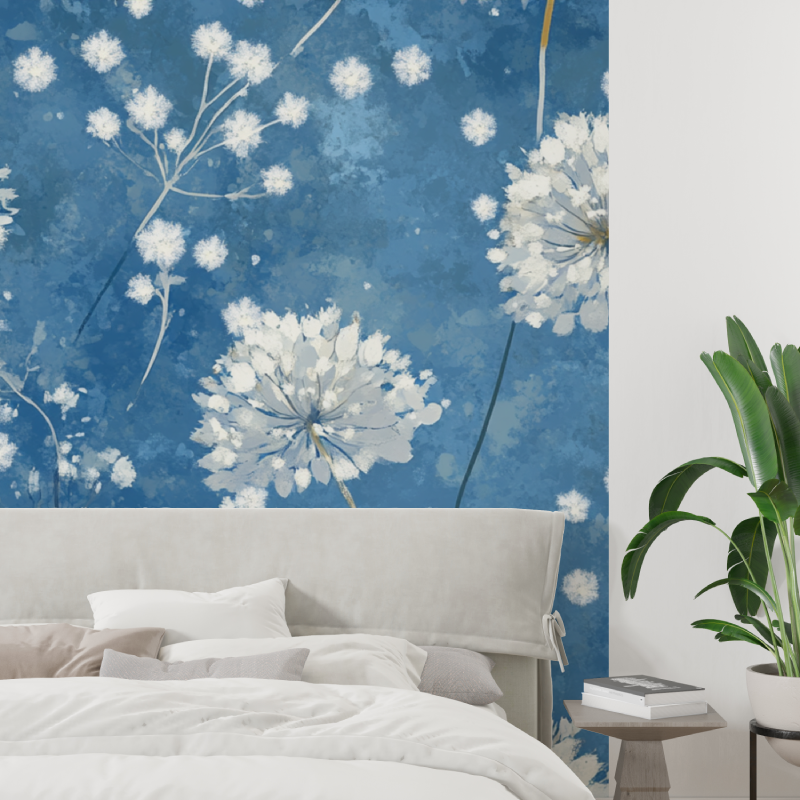 Papier peint fleur de pisselit bleu tapisserie tendance