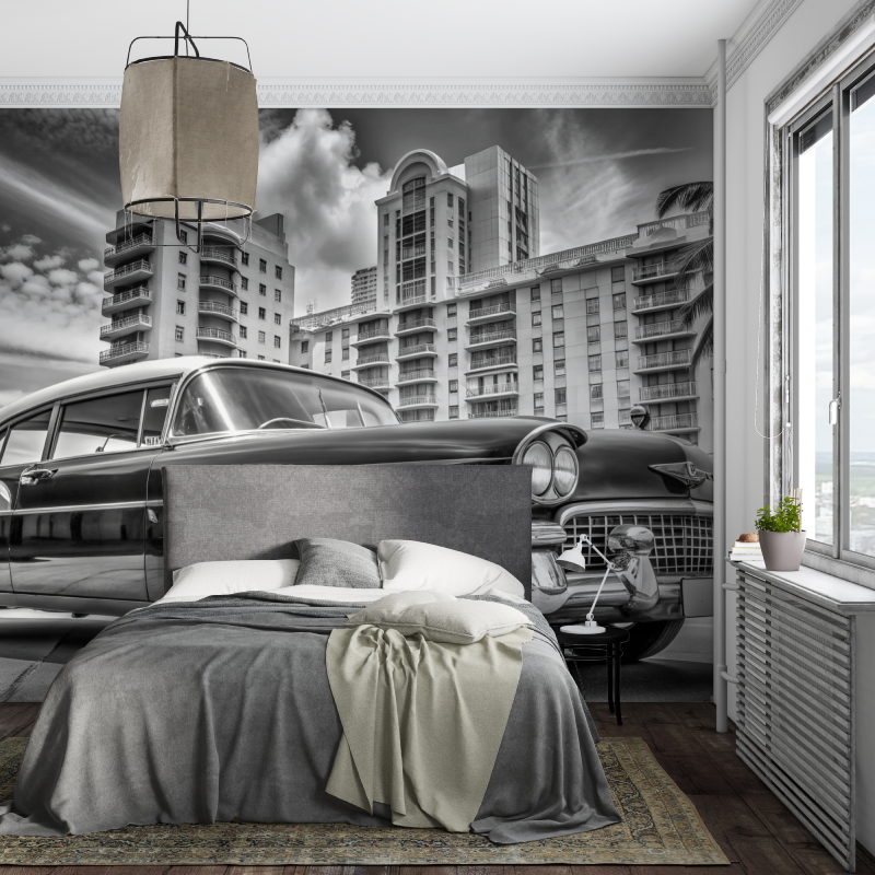 Papier peint noir et blanc voiture miami vintage piece ados