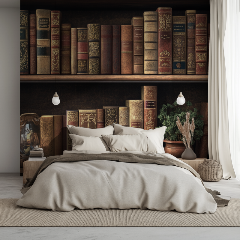 Papier peint trompe loeil etagere lit 1234