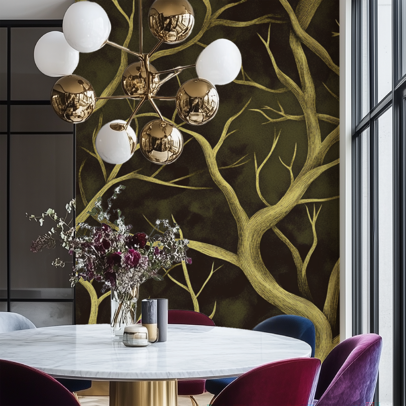 Papier peint arbre dessin salon chaise