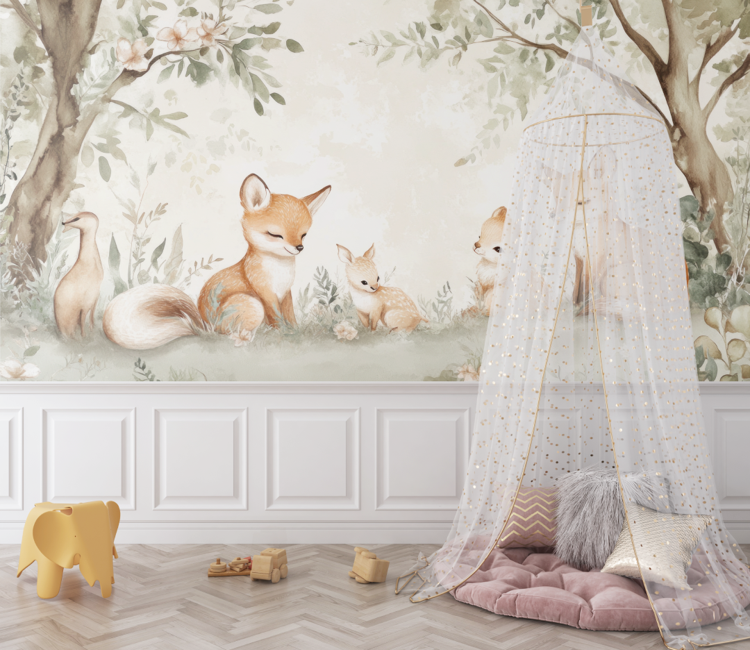 Papier peint bebe famillle de renard bebe