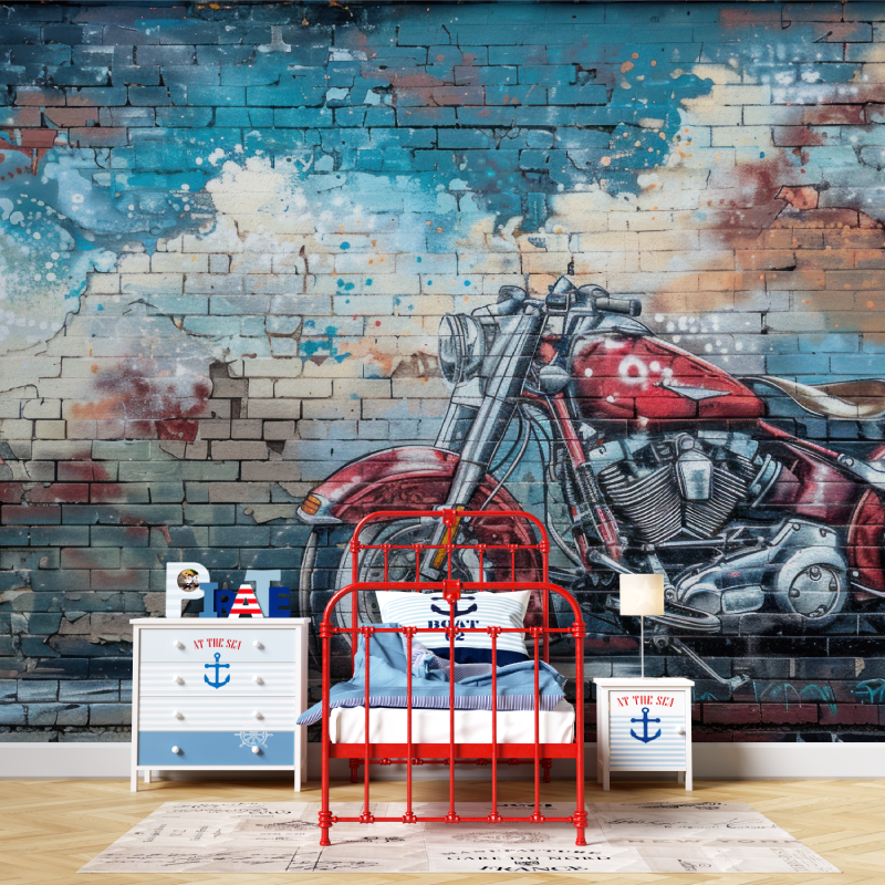 Papier peint graffiti moto briques garcon567