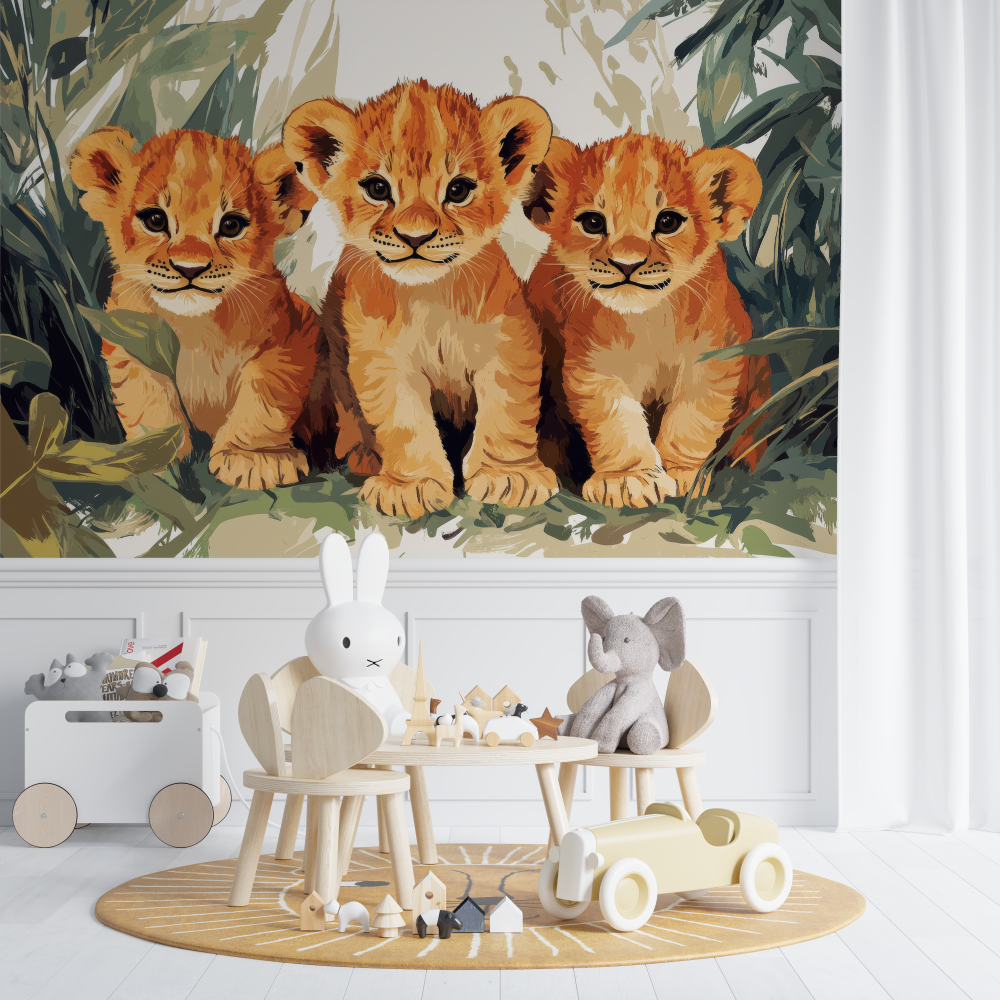 Papier peint lions jungle douce chambre de bebe