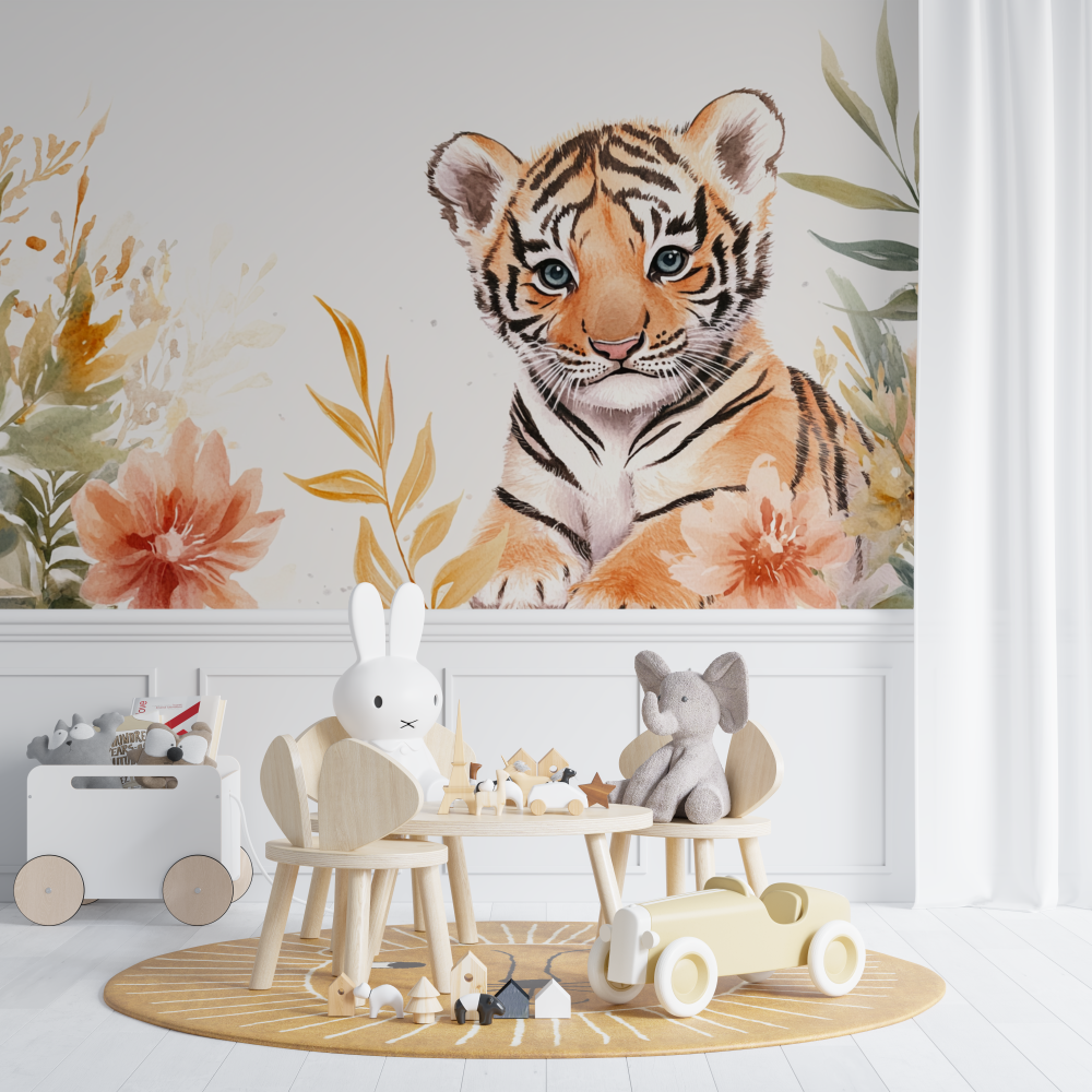 Papier peint tigre et motifs nordiques chambre de bebe