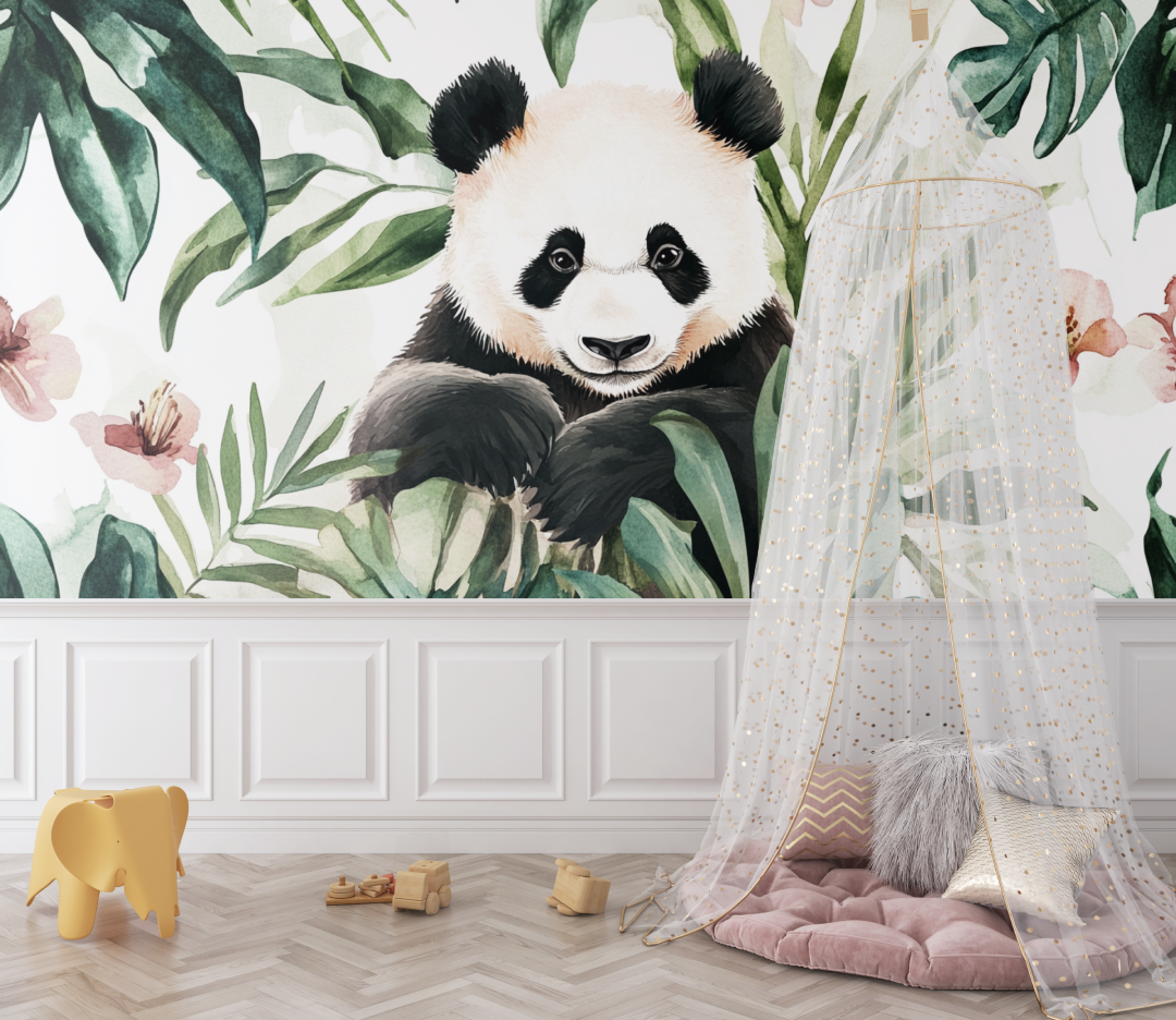 Papier peint panda et feuillage tropical bebe