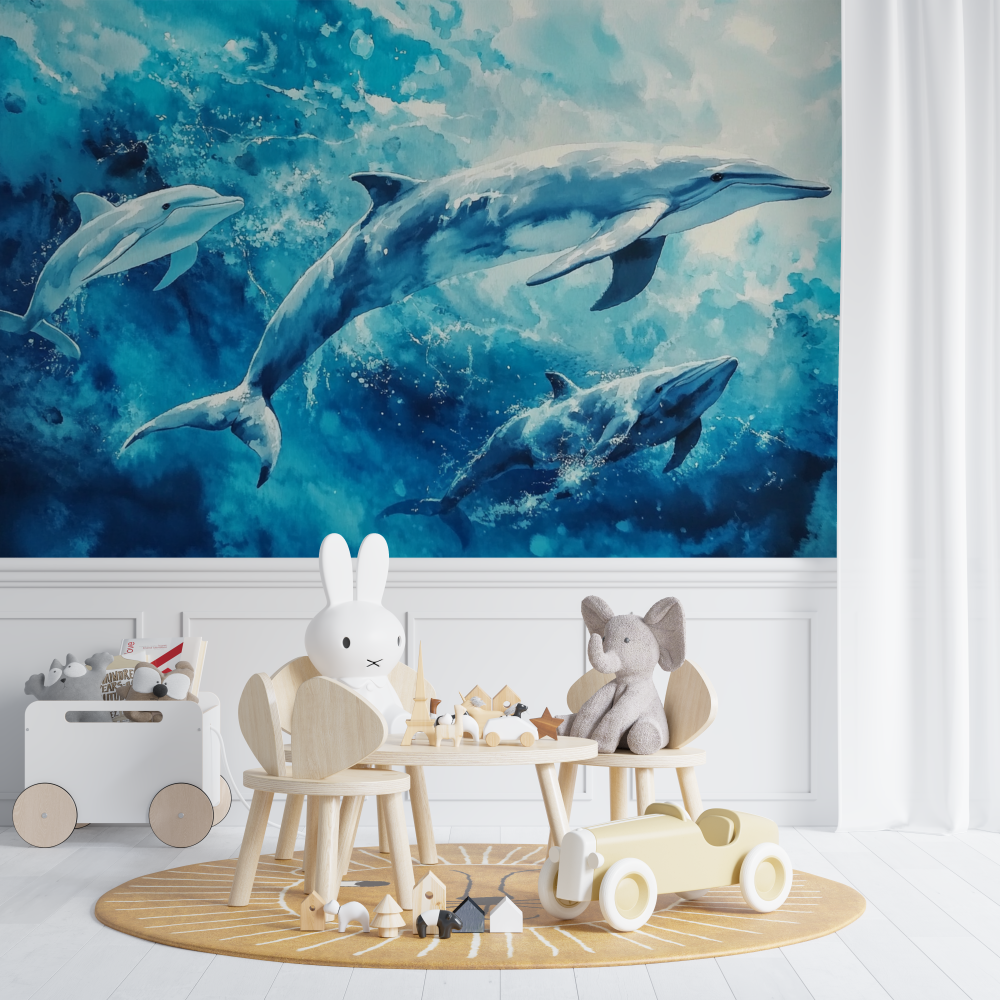 Papier peint baleine et dauphins chambre de bebe