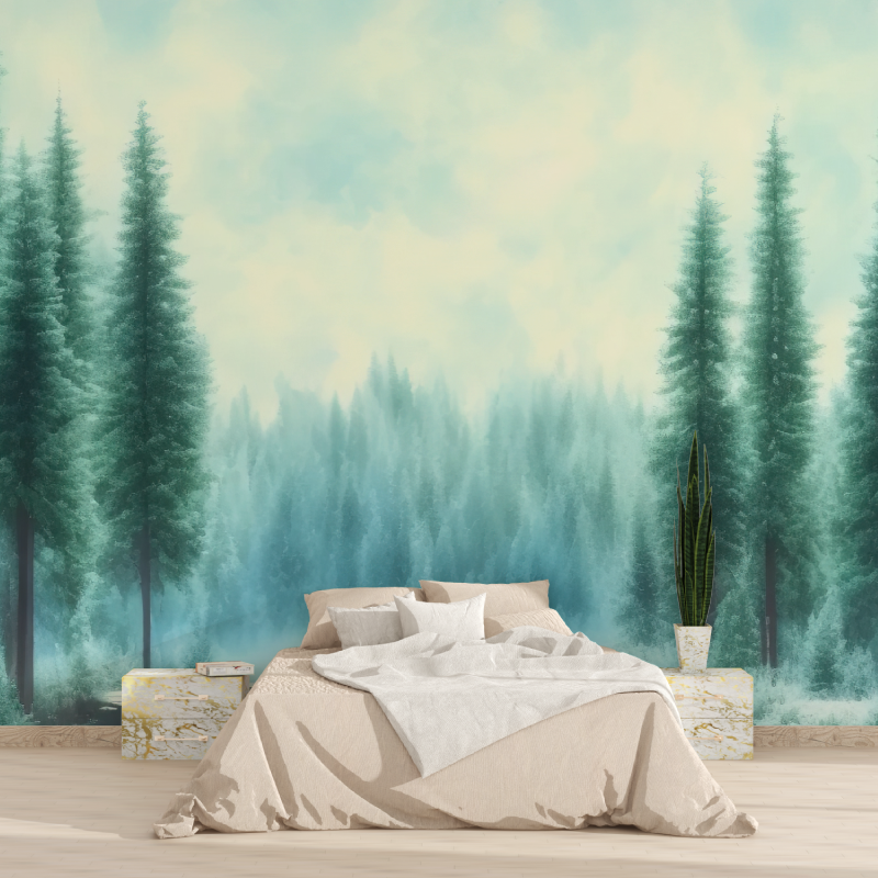 Papier peint aquarelle foret sapins tapisserie 2025