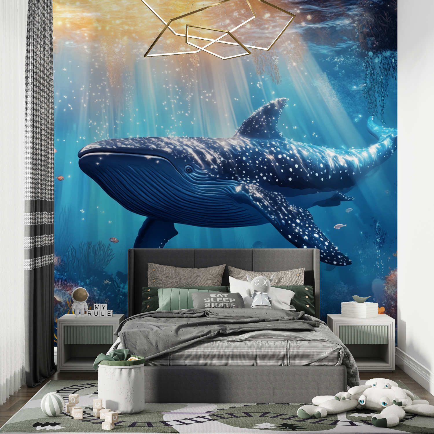 Papier peint marin decor baleine bleue chambre de garcon