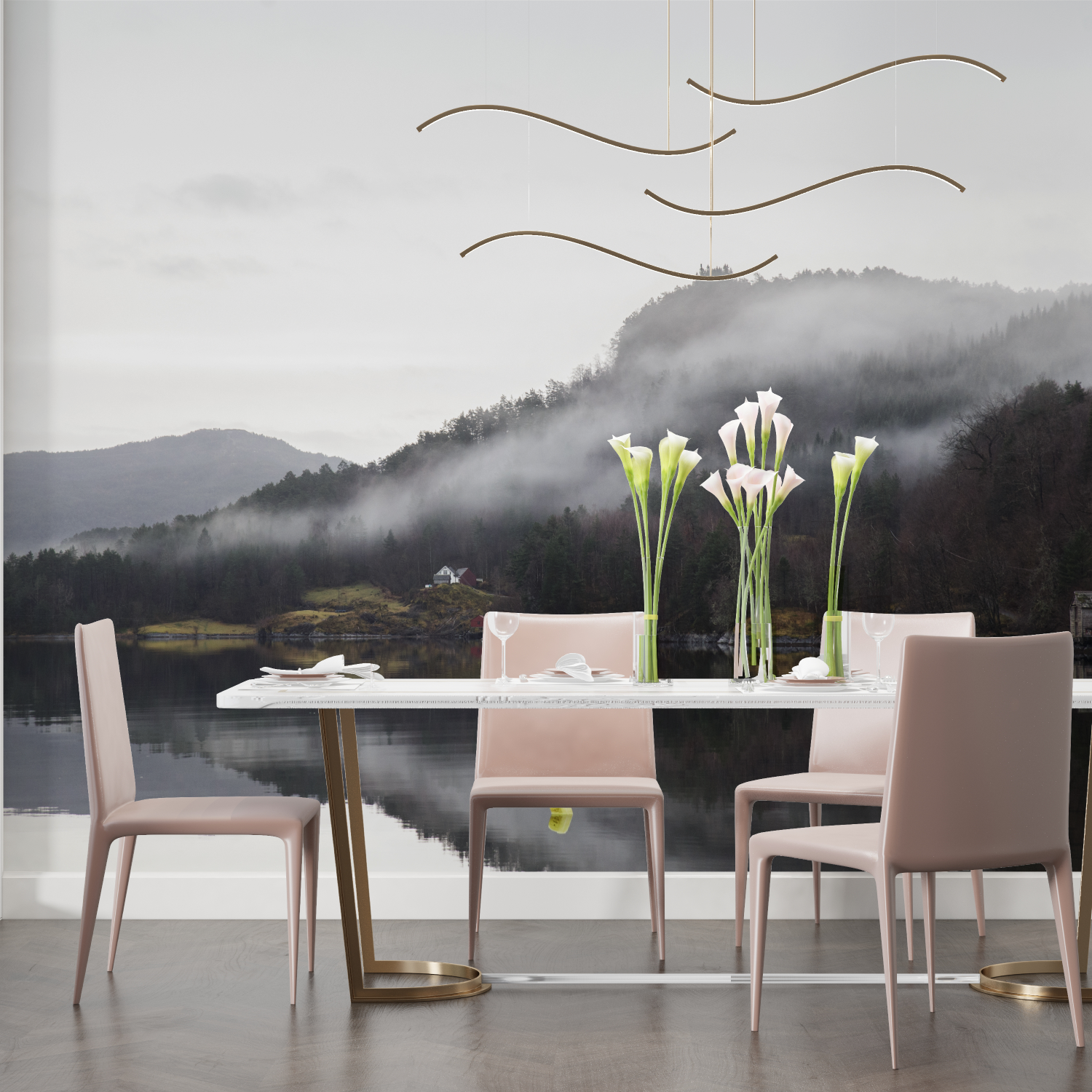 Papier peint aquarelle lac salon