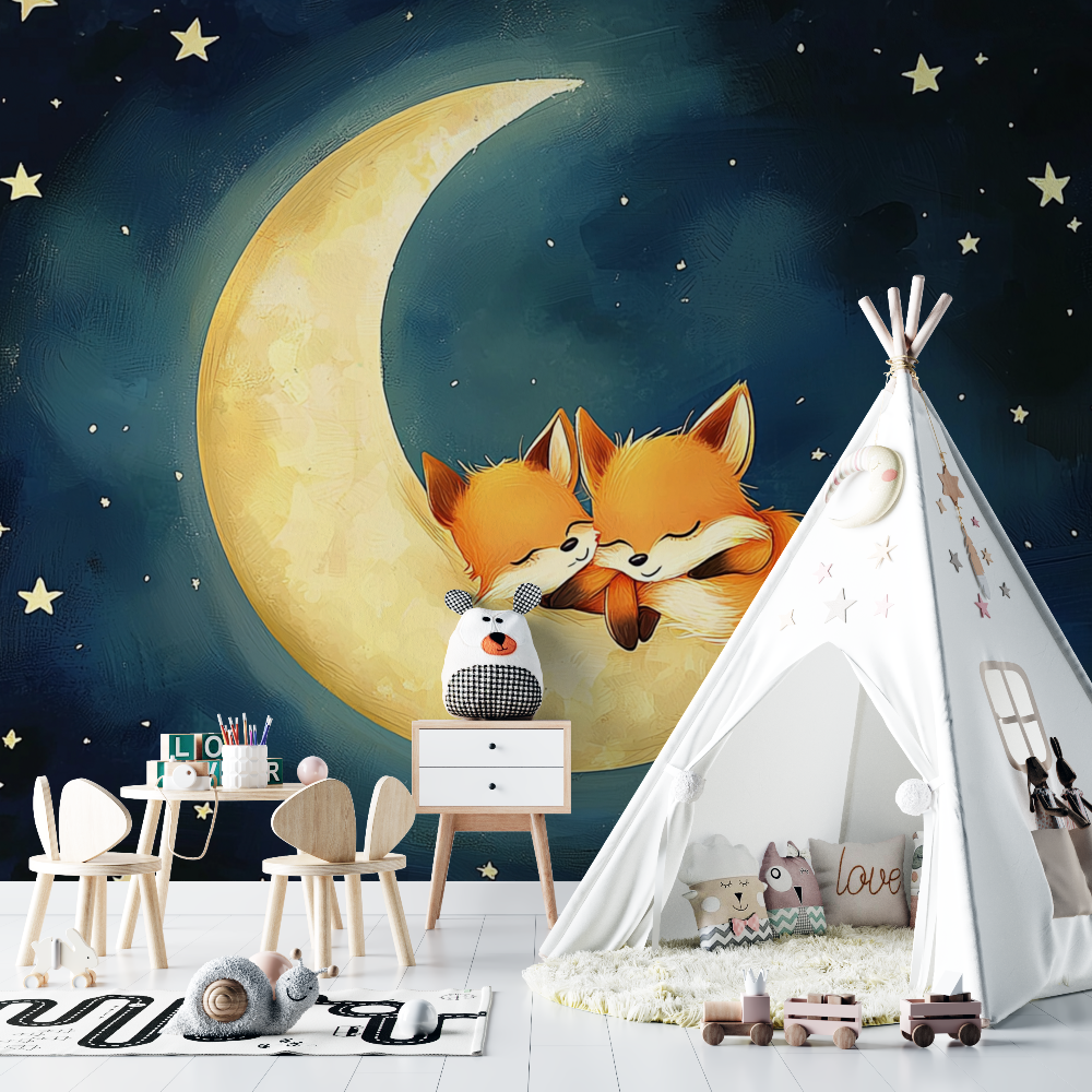 Papier peint renard endormi bleu fonce chambre bebe