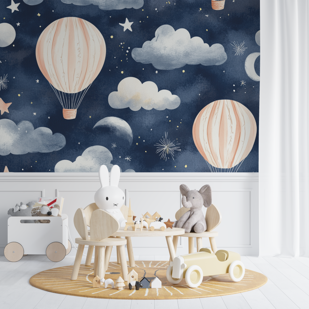 Papier peint montgolfiere et ciel nocturne chambre de bebe