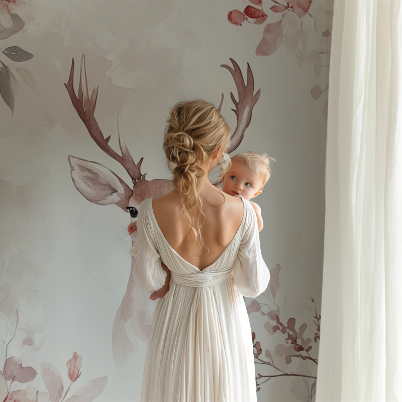 Papier peint rose doux fleuri et cerf bb123