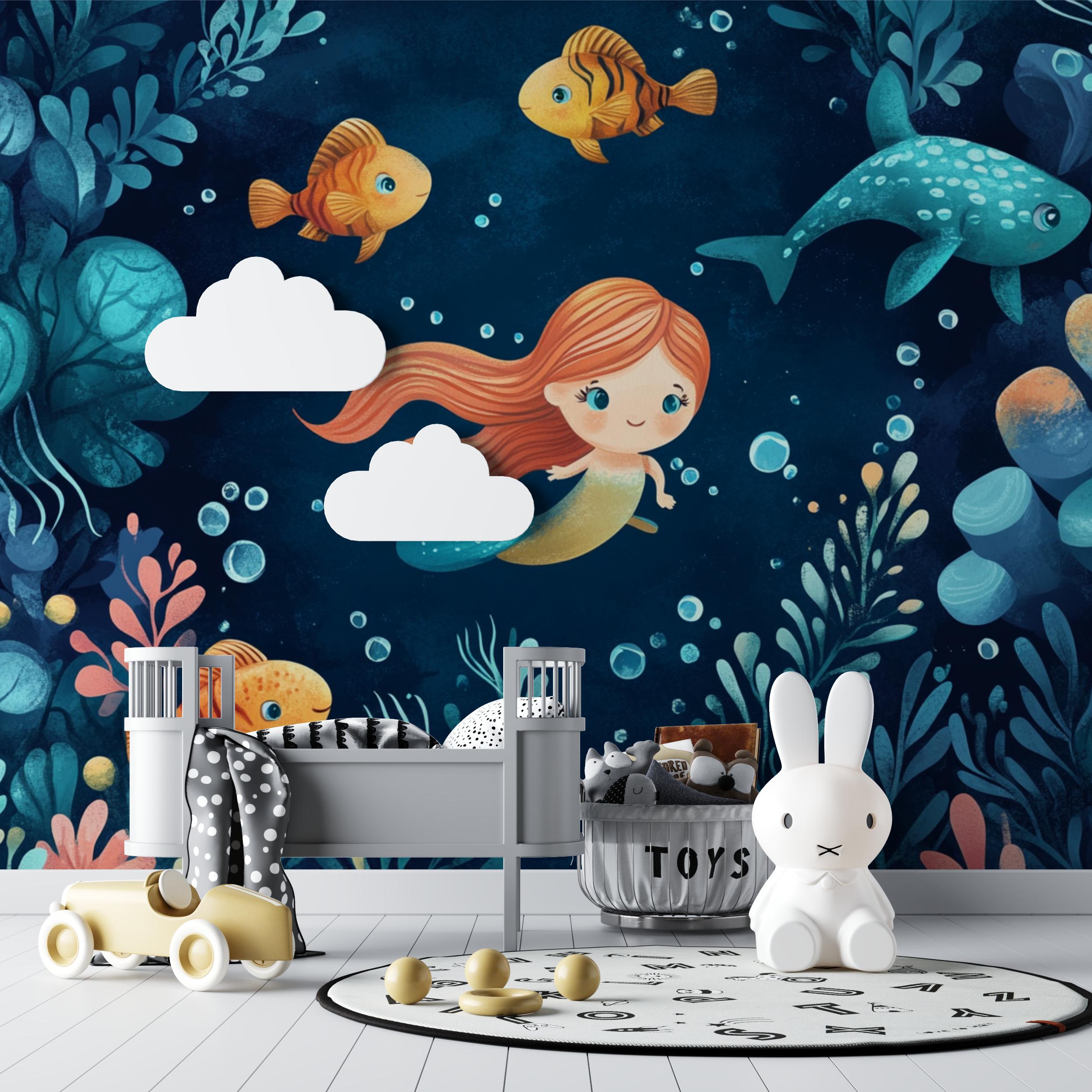 Papier peint marin sirene chambre fille bebe tipi