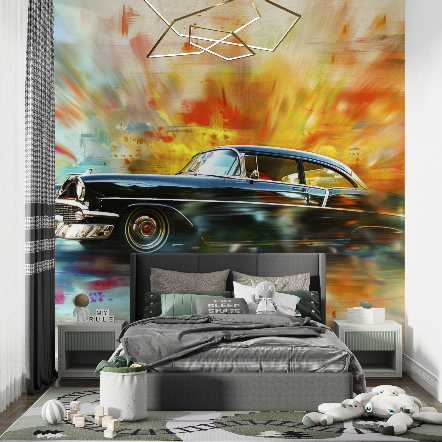 Papier peint voiture vintage explosion chambre de garcon
