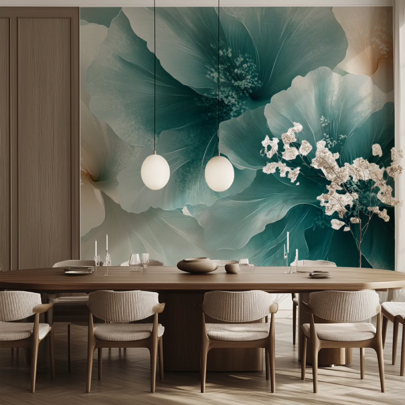 Papier peint fleur blanc grenat salle manger tendance