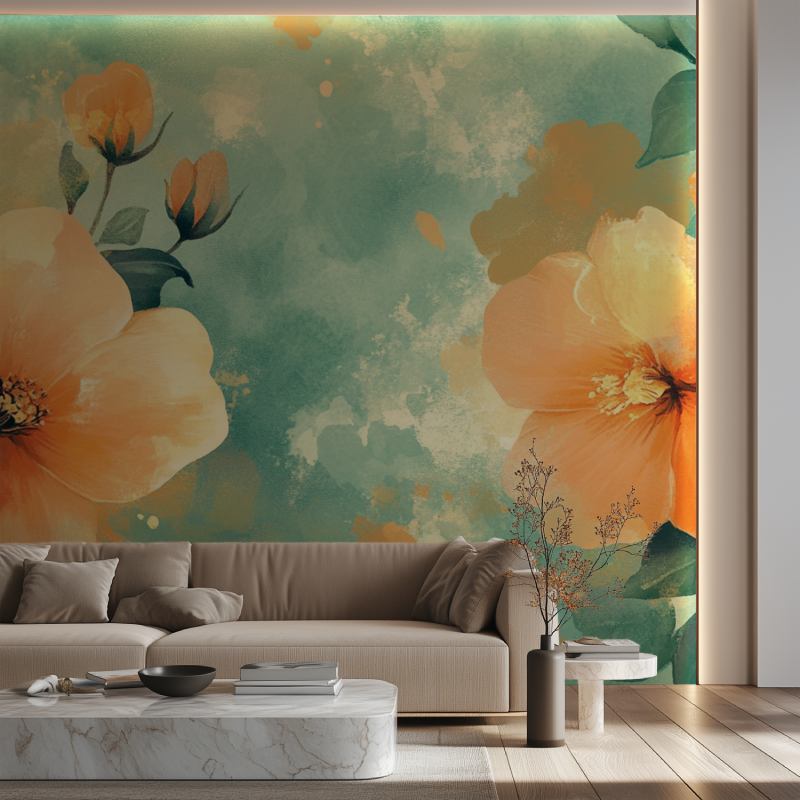 Papier peint fleur verte canape neon