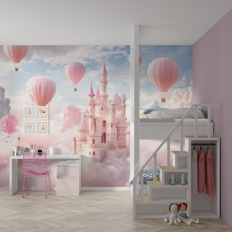 Papier peint princesse ballon et chateau mur chambre fille