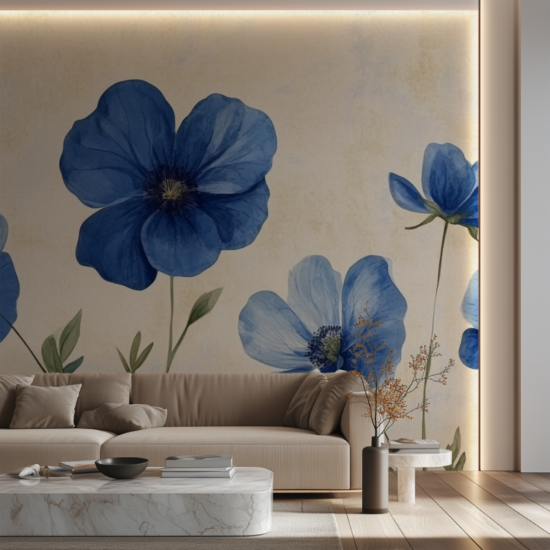 Papier peint vintage fleur bleue canape neon
