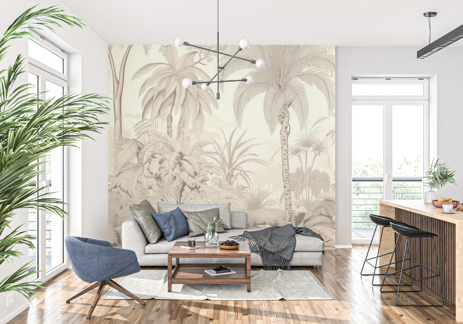 Papier Peint Toile De Jouy Jungle Beige - trompe l'oeil