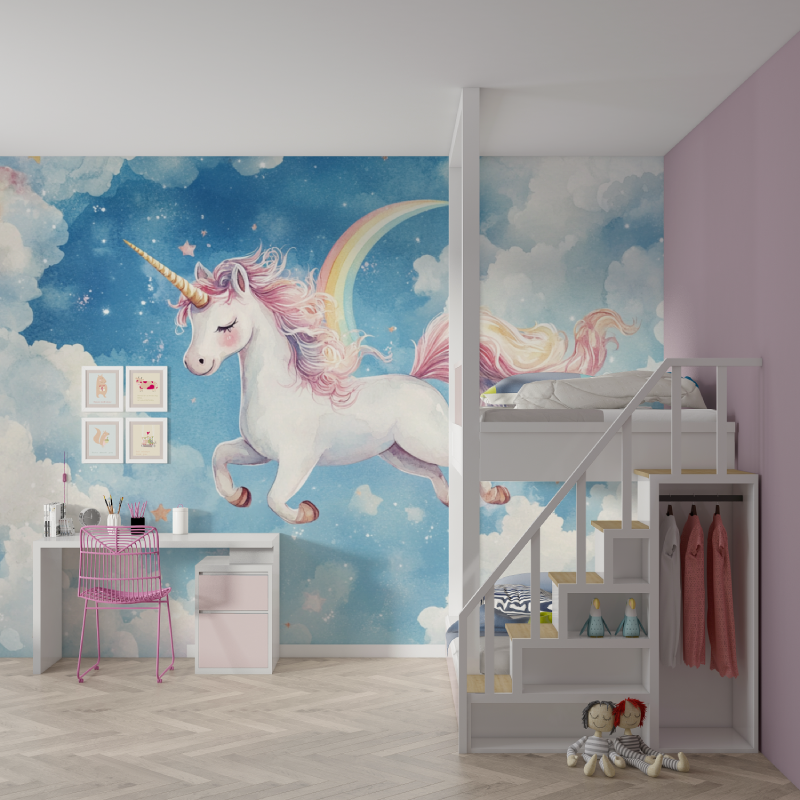 Papier peint decoration licorne...iel bleu mur chambre fille