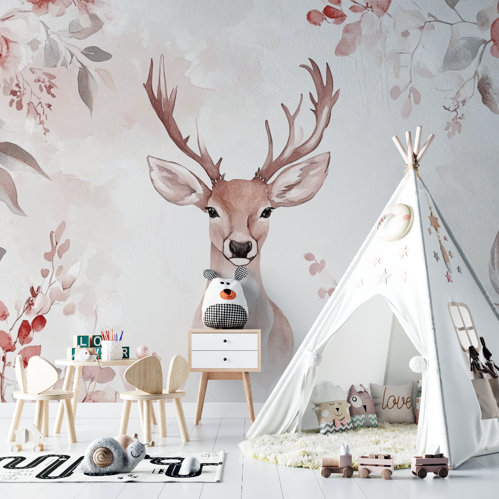 Papier peint rose doux fleuri et cerf chambre bebe