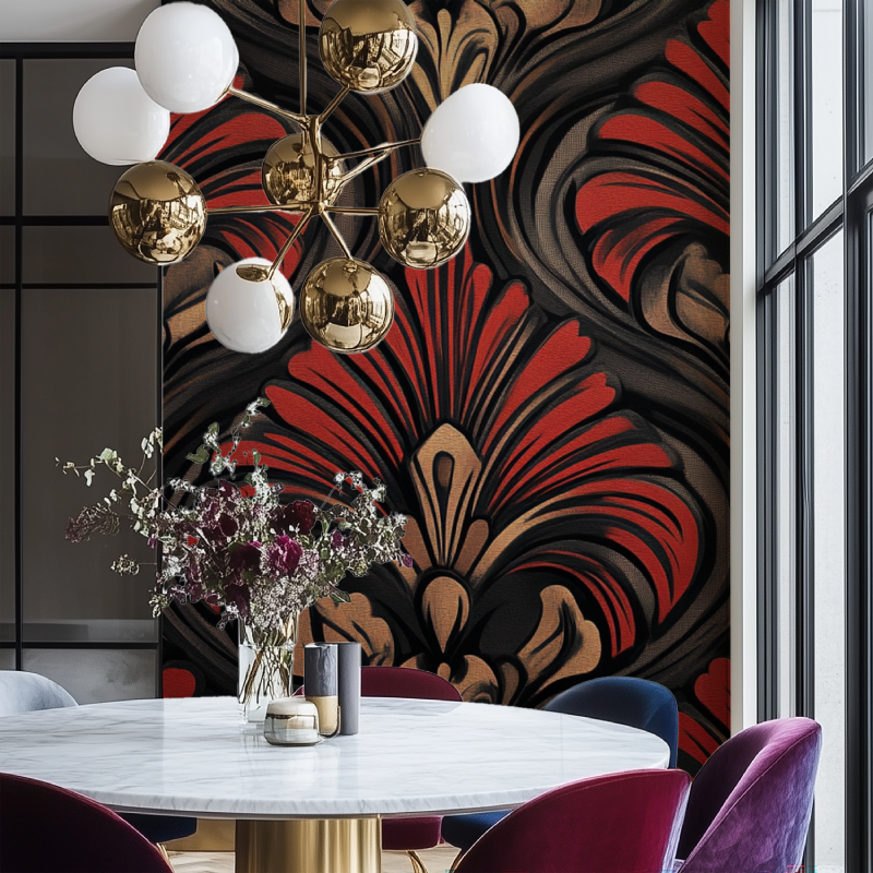 Papier peint vintage rouge et noir salon chaise